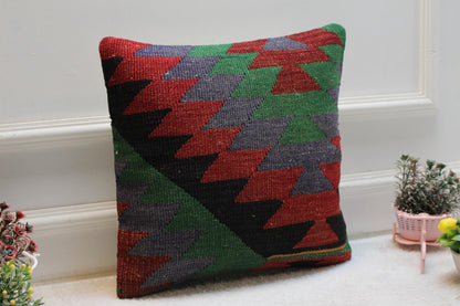 Rainbow Kilim Pillow Cover: 16x16 Square Turkish Ethnic Pillow