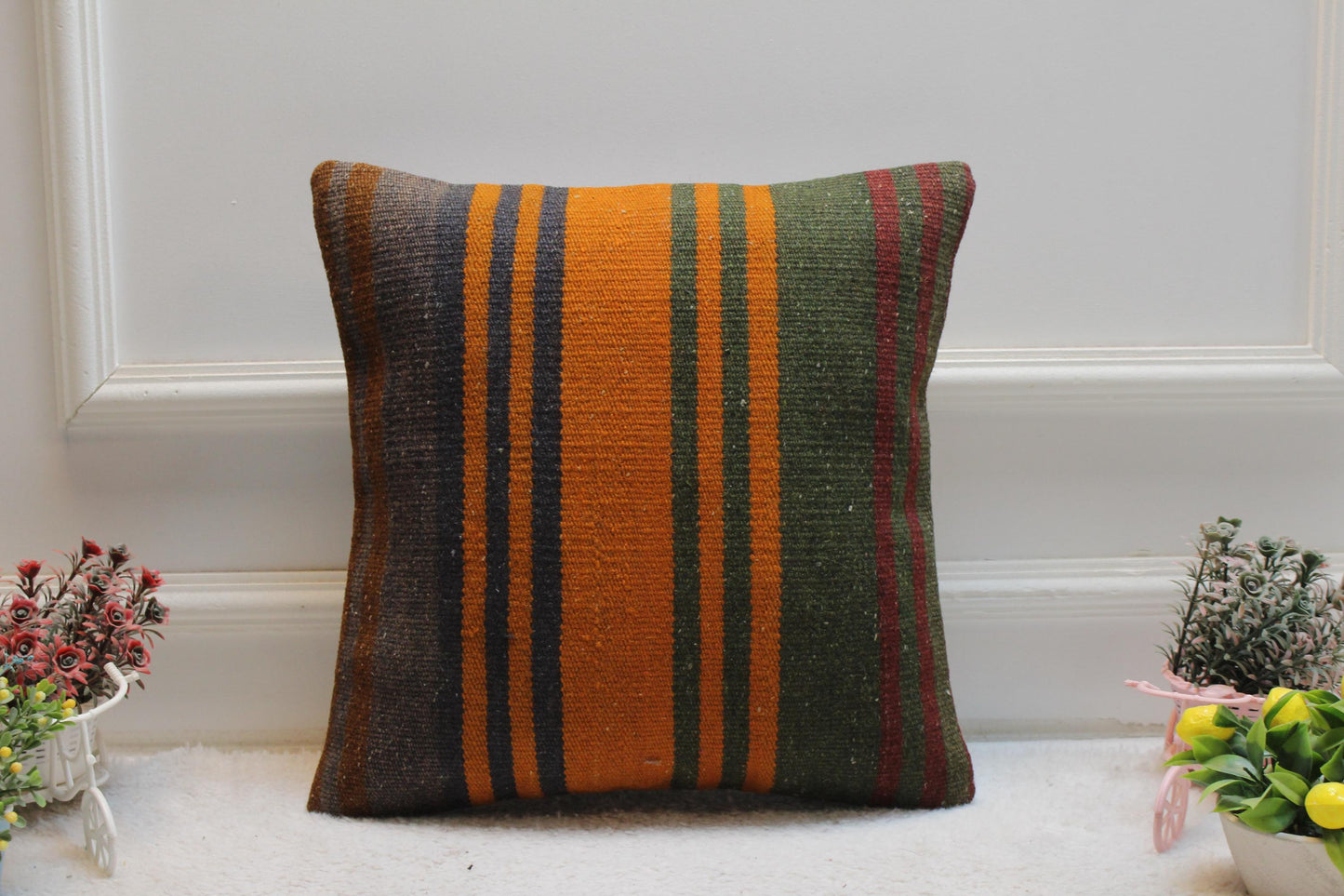 Handmade Kilim Pillow Cover: Upcycled Woven Wool, Bohemian Decor (16x16 inch)