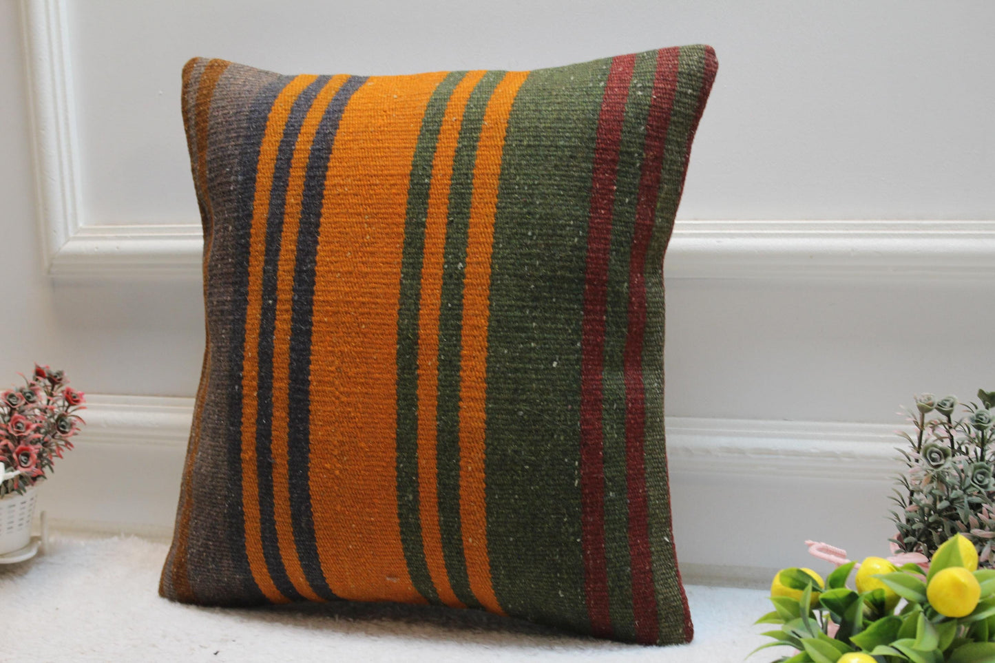 Handmade Kilim Pillow Cover: Upcycled Woven Wool, Bohemian Decor (16x16 inch)