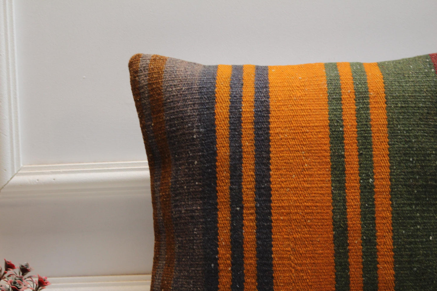 Handmade Kilim Pillow Cover: Upcycled Woven Wool, Bohemian Decor (16x16 inch)