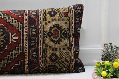 Handmade Wool Kilim Lumbar Pillow Cover: Upcycled Turkish Rug, Rainbow (16x32 in)