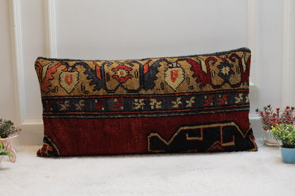 Handmade Turkish Rug Lumbar Pillow Cover: Vintage Woven Wool (16x32 in)