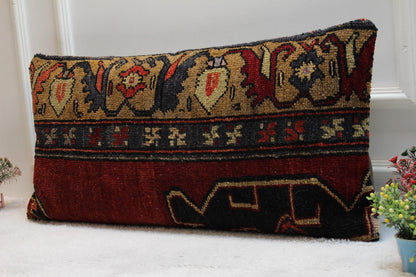 Handmade Turkish Rug Lumbar Pillow Cover: Vintage Woven Wool (16x32 in)