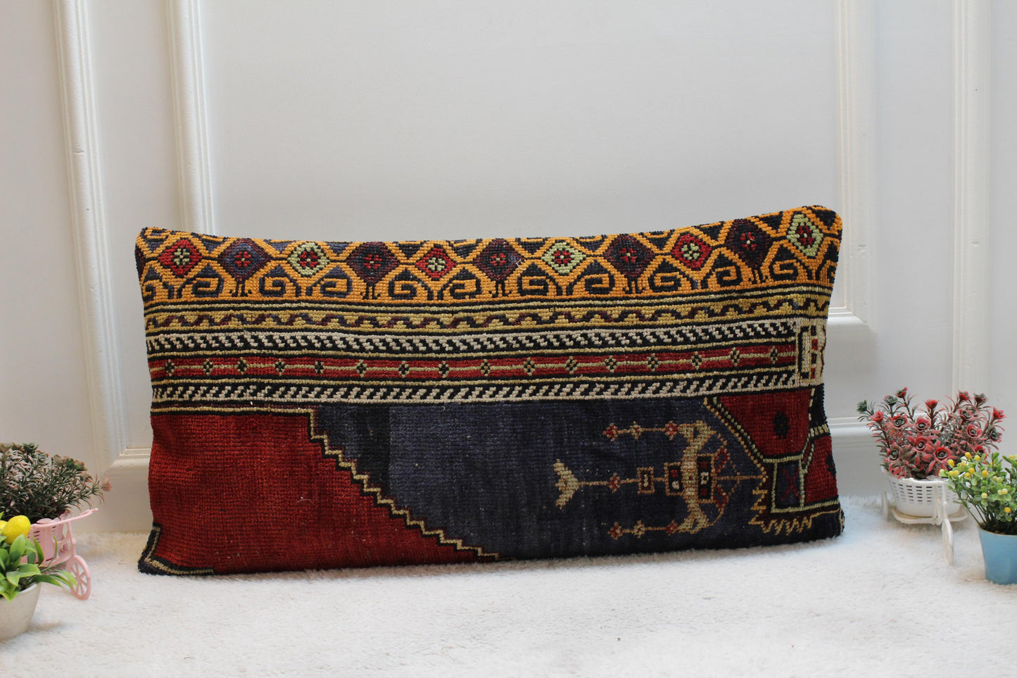 Handmade Turkish Rug Lumbar Pillow Cover: Vintage Rainbow Kilim, 16x32 in