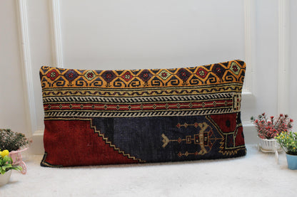 Handmade Turkish Rug Lumbar Pillow Cover: Vintage Rainbow Kilim, 16x32 in