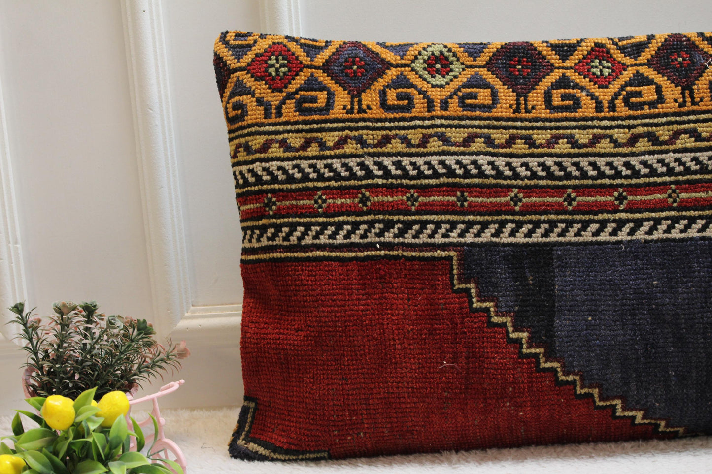 Handmade Turkish Rug Lumbar Pillow Cover: Vintage Rainbow Kilim, 16x32 in