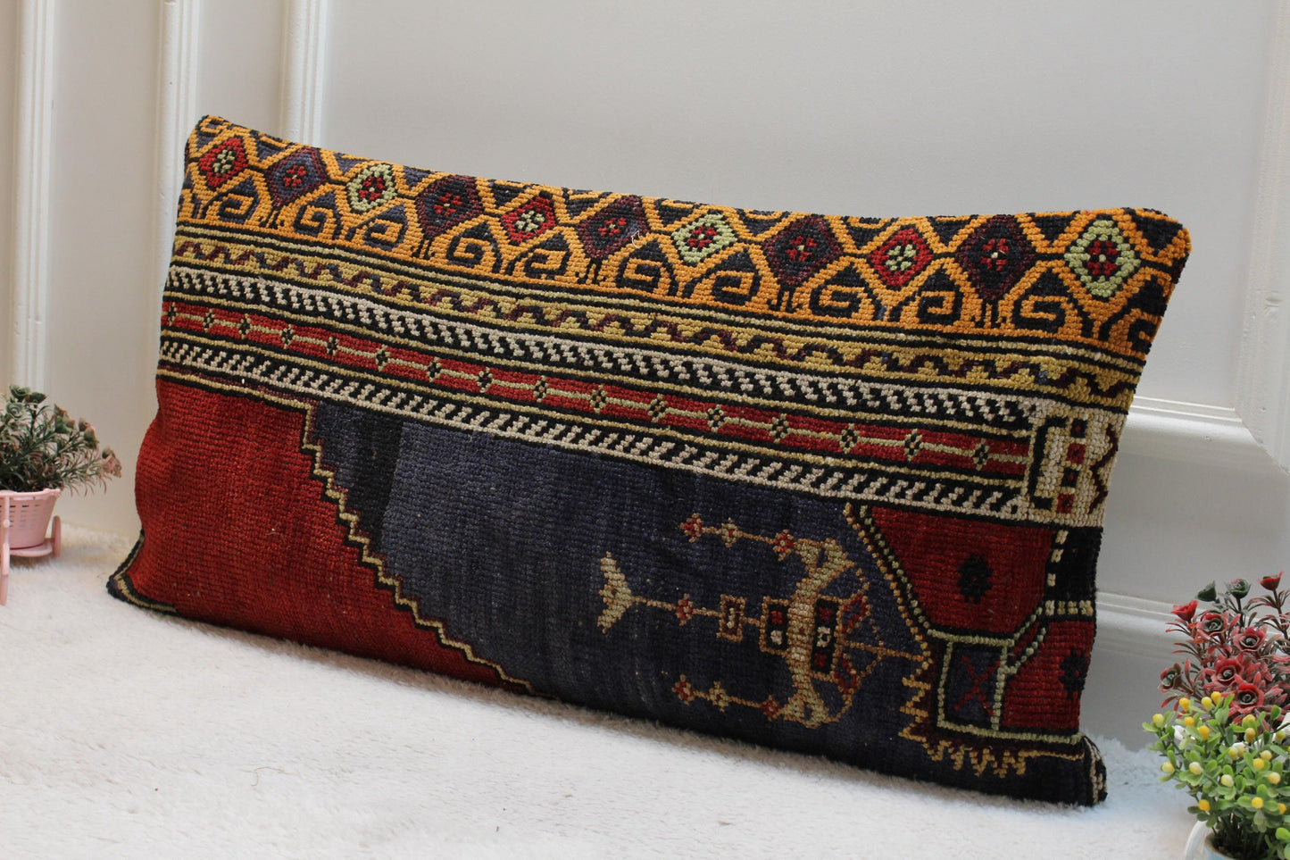 Handmade Turkish Rug Lumbar Pillow Cover: Vintage Rainbow Kilim, 16x32 in