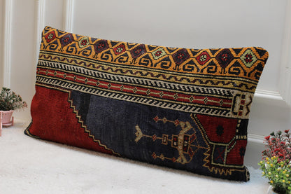 Handmade Turkish Rug Lumbar Pillow Cover: Vintage Rainbow Kilim, 16x32 in