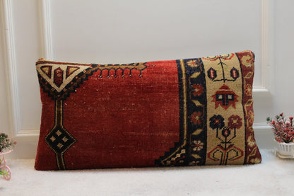 Handmade Turkish Kilim Lumbar Pillow Cover: Upcycled Woven Rug, 16x32 inch