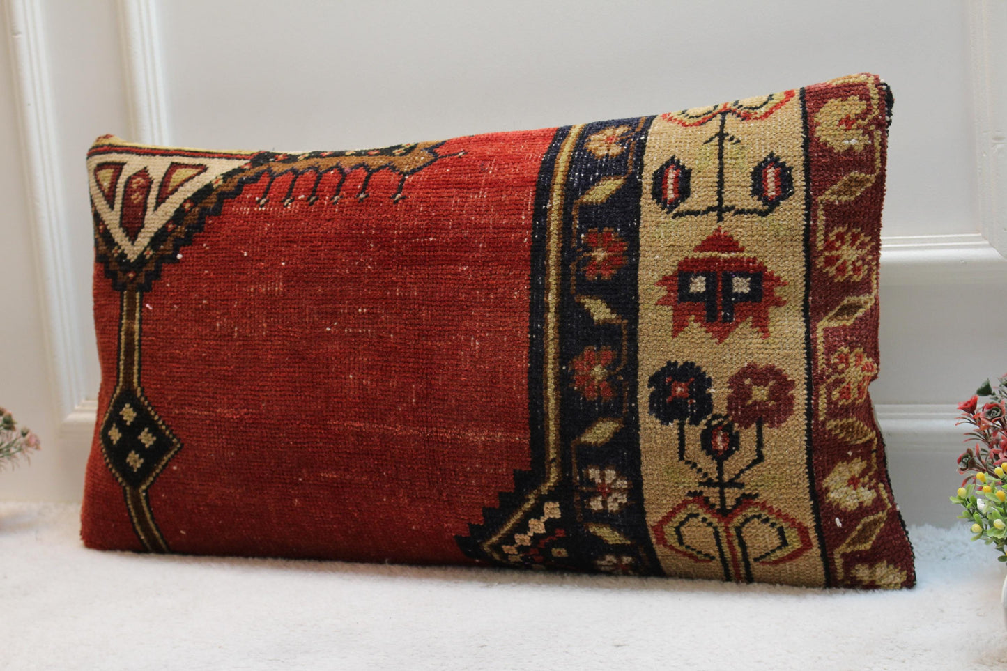 Handmade Turkish Kilim Lumbar Pillow Cover: Upcycled Woven Rug, 16x32 inch