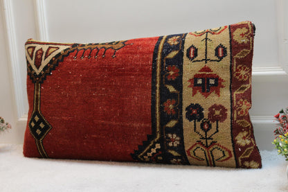 Handmade Turkish Kilim Lumbar Pillow Cover: Upcycled Woven Rug, 16x32 inch