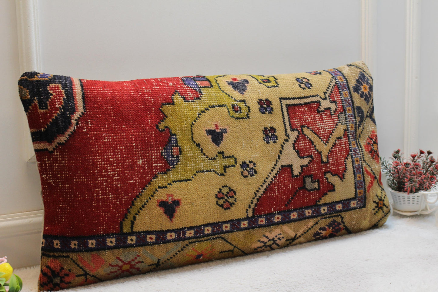 Handmade Kilim Lumbar Pillow Cover: Upcycled Woven Rug, Rainbow (16x32 in)