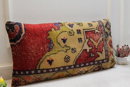 Handmade Kilim Lumbar Pillow Cover: Upcycled Woven Rug, Rainbow (16x32 in)