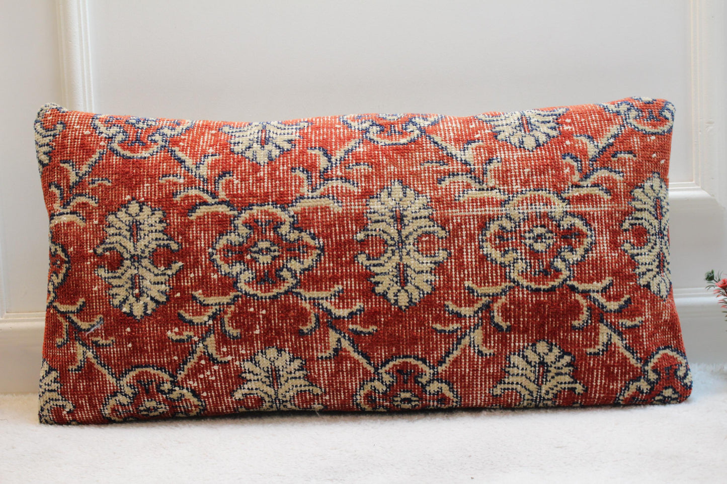 Red Floral Turkish Rug Lumbar Pillow Cover: Vintage Kilim, 16x32 in