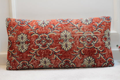 Red Floral Turkish Rug Lumbar Pillow Cover: Vintage Kilim, 16x32 in