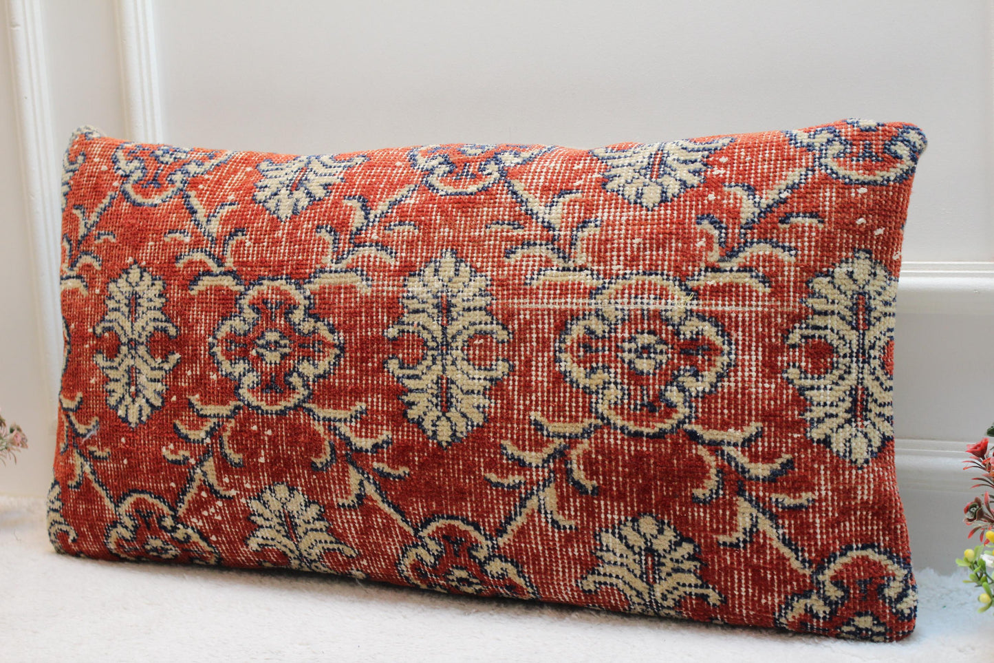 Red Floral Turkish Rug Lumbar Pillow Cover: Vintage Kilim, 16x32 in