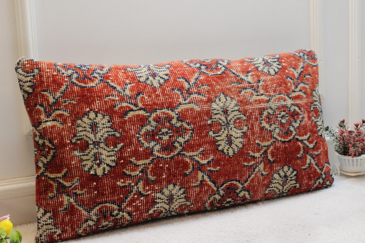 Red Floral Turkish Rug Lumbar Pillow Cover: Vintage Kilim, 16x32 in