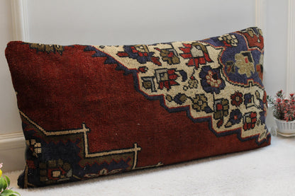 Boho Turkish Rug Pillow Cover: Vintage Wool Lumbar Pillow, 16x32 in
