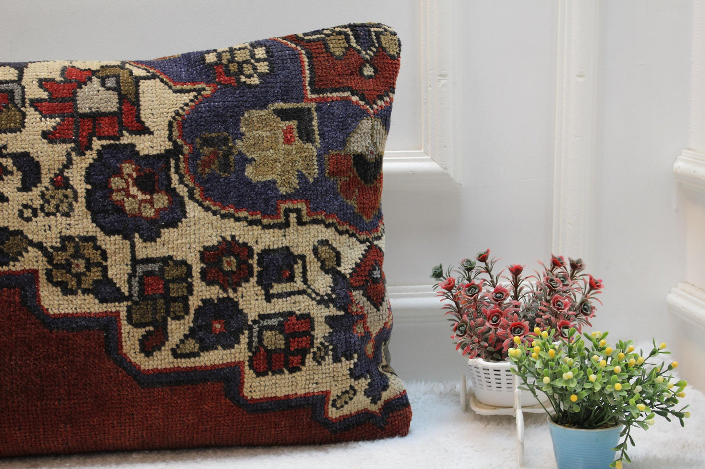 Boho Turkish Rug Pillow Cover: Vintage Wool Lumbar Pillow, 16x32 in