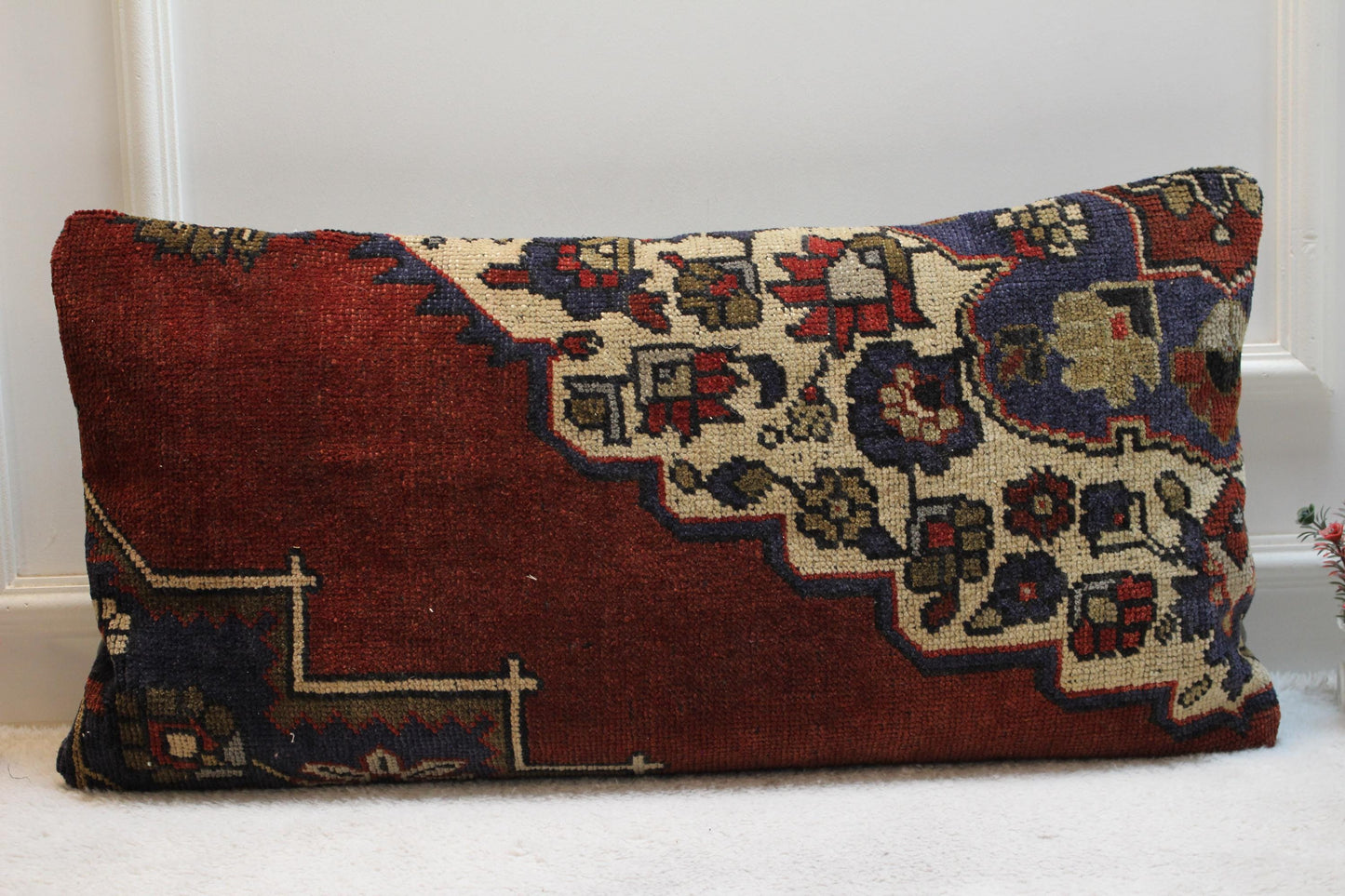 Boho Turkish Rug Pillow Cover: Vintage Wool Lumbar Pillow, 16x32 in