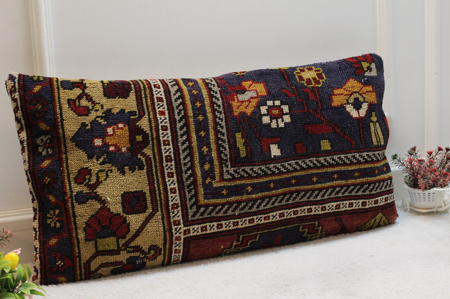 Vintage Turkish Rug Pillow Cover: 16x32 inch Organic Wool Kilim Pillow