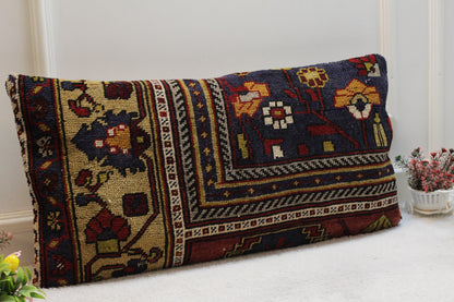 Vintage Turkish Rug Pillow Cover: 16x32 inch Organic Wool Kilim Pillow