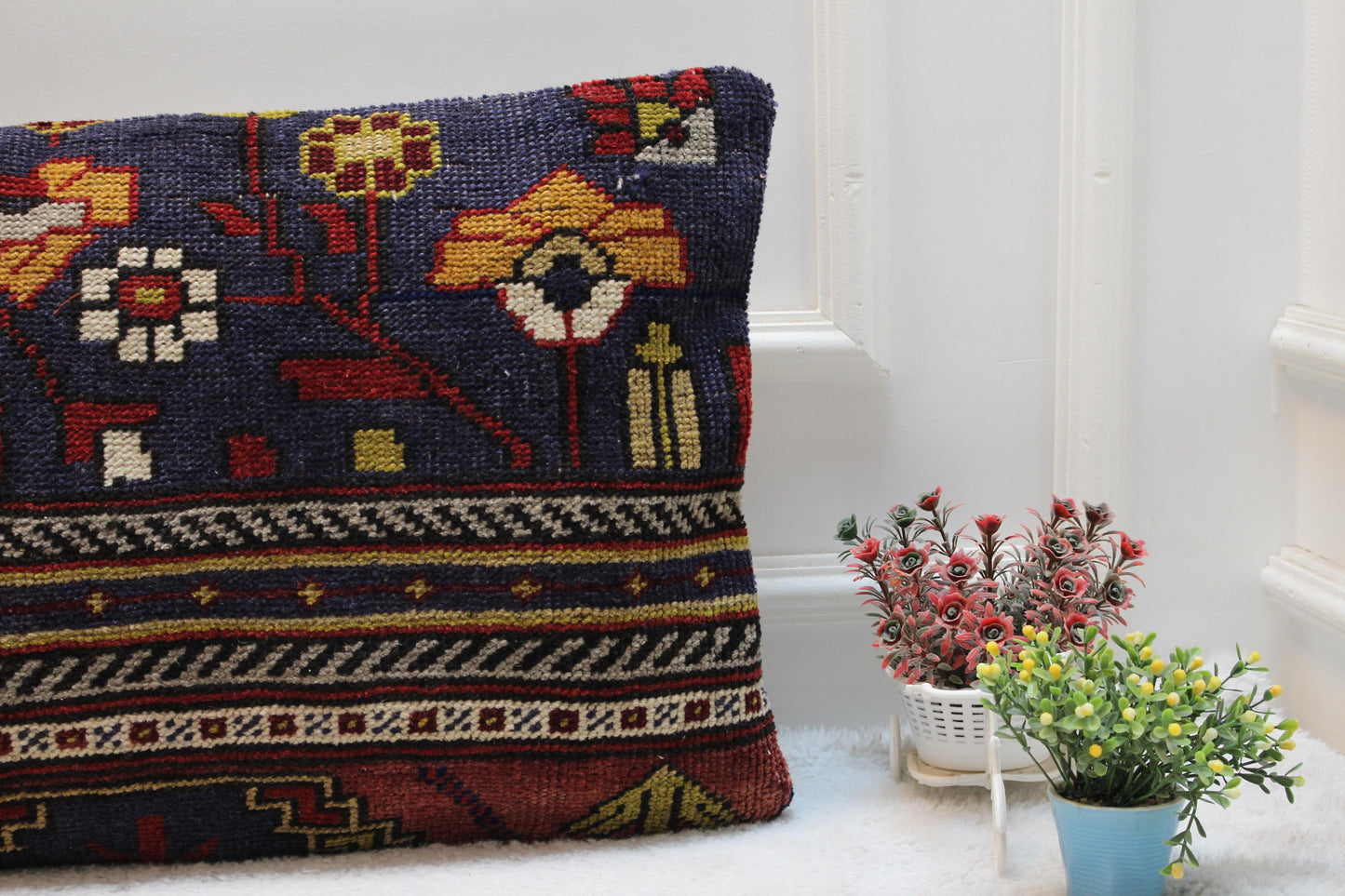 Vintage Turkish Rug Pillow Cover: 16x32 inch Organic Wool Kilim Pillow