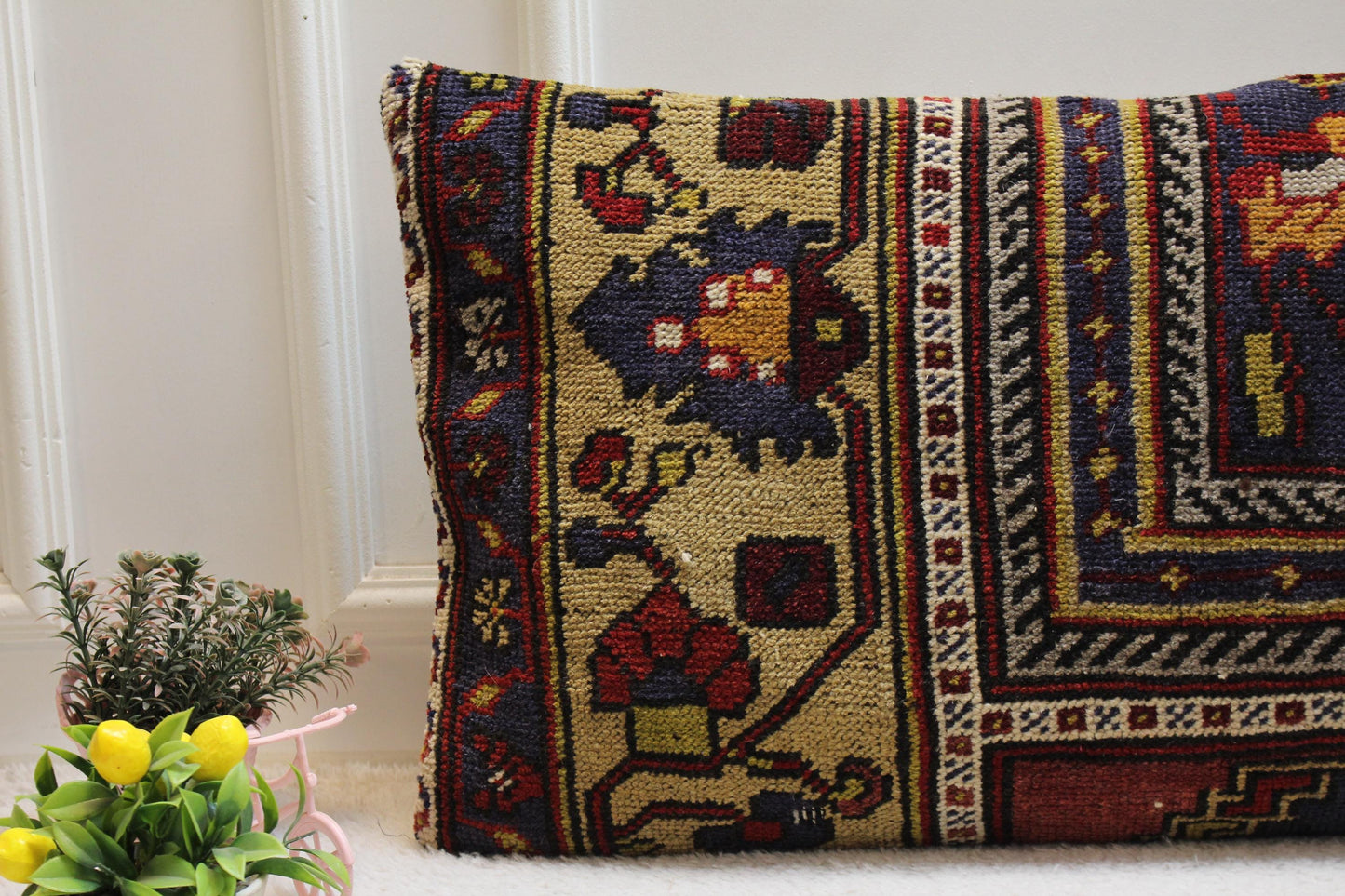 Vintage Turkish Rug Pillow Cover: 16x32 inch Organic Wool Kilim Pillow
