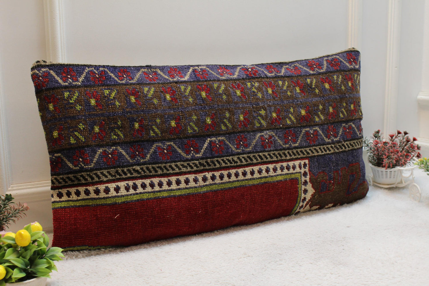 Handmade Turkish Rug Lumbar Pillow Cover: Rainbow Woven Wool, 16x32 in