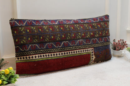 Handmade Turkish Rug Lumbar Pillow Cover: Rainbow Woven Wool, 16x32 in