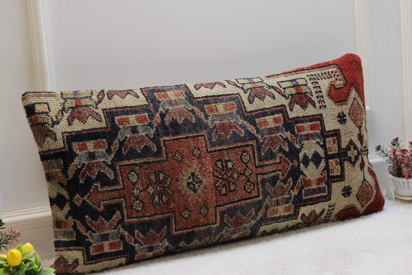 Large Turkish Rug Pillow Cover: Boho Lumbar Pillow (16x32 in)