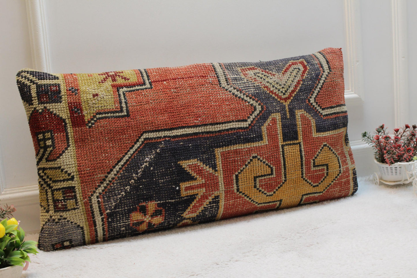 Handmade Turkish Lumbar Pillow Cover: Upcycled Kilim Rug, 16x31 inch