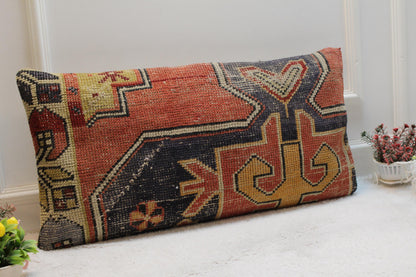Handmade Turkish Lumbar Pillow Cover: Upcycled Kilim Rug, 16x31 inch