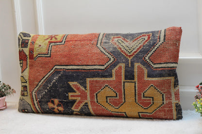 Handmade Turkish Lumbar Pillow Cover: Upcycled Kilim Rug, 16x31 inch