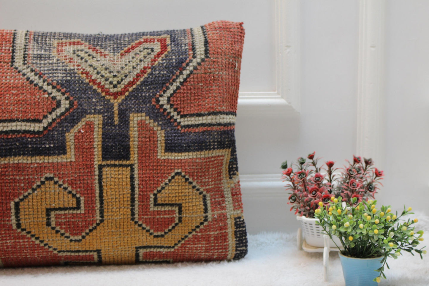 Handmade Turkish Lumbar Pillow Cover: Upcycled Kilim Rug, 16x31 inch