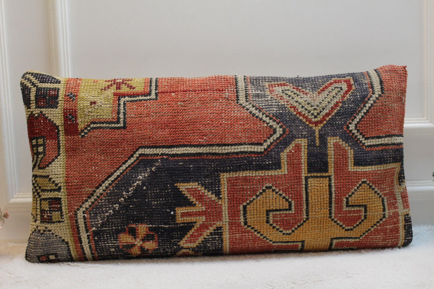 Handmade Turkish Lumbar Pillow Cover: Upcycled Kilim Rug, 16x31 inch