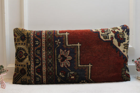 Handmade Turkish Kilim Lumbar Pillow: Vintage Boho Decor (16x32)