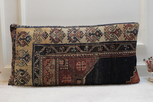 Handwoven Turkish Kilim Lumbar Pillow: Vintage Boho Accent (16x32)