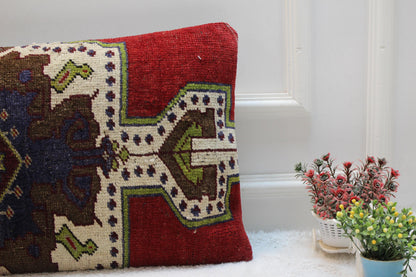Handmade Vintage Turkish Kilim Pillow: Red Boho Lumbar Cushion (16x32)