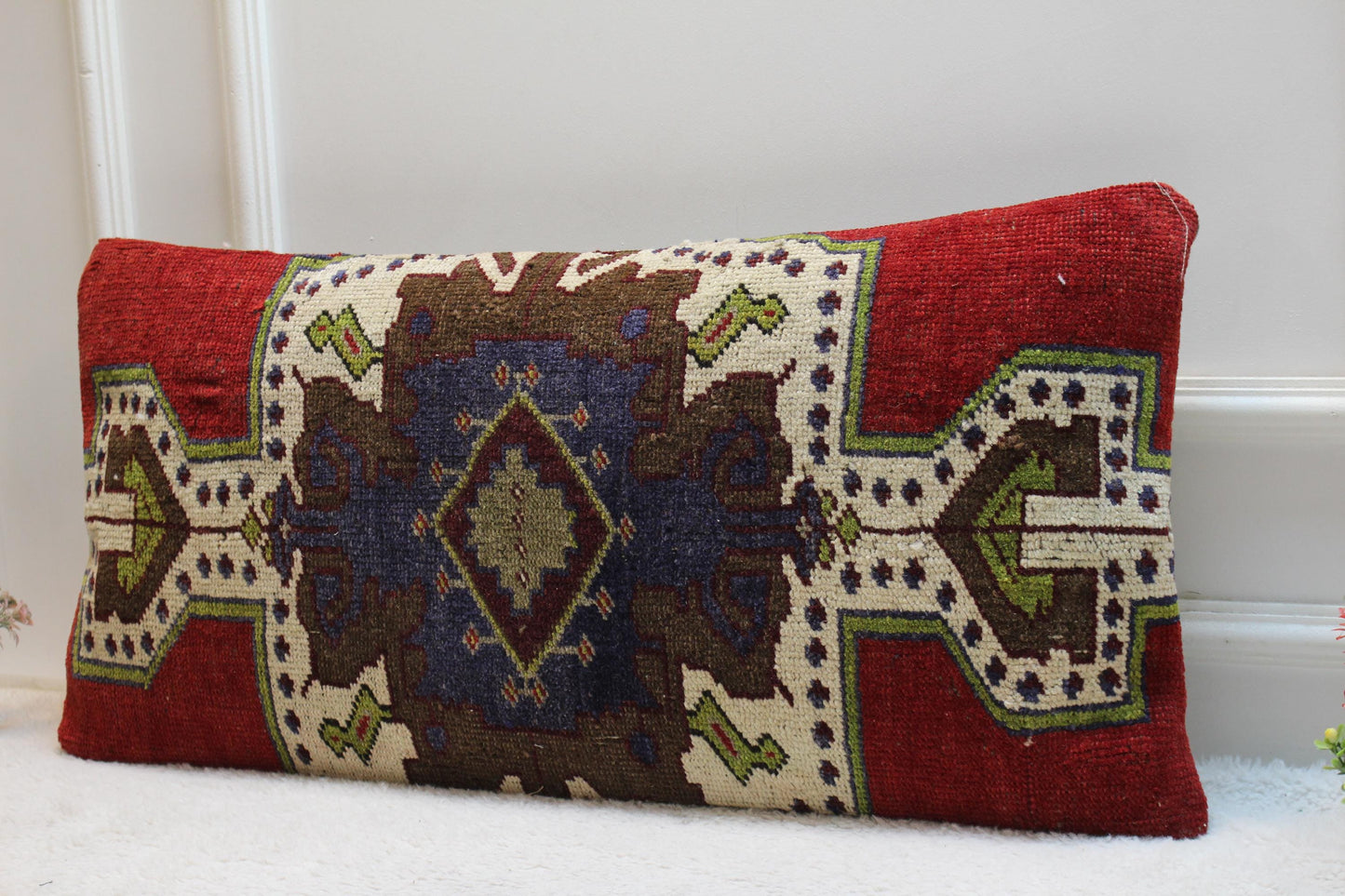 Handmade Vintage Turkish Kilim Pillow: Red Boho Lumbar Cushion (16x32)