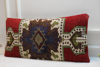 Handmade Vintage Turkish Kilim Pillow: Red Boho Lumbar Cushion (16x32)