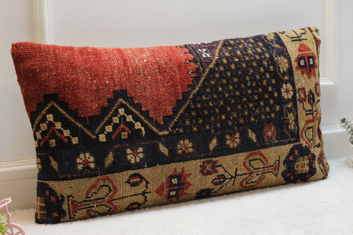 Vintage Turkish Rug Pillow: 16x32 Handmade Wool Lumbar Pillow Cover