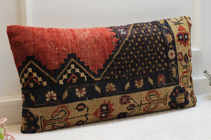 Vintage Turkish Rug Pillow: 16x32 Handmade Wool Lumbar Pillow Cover