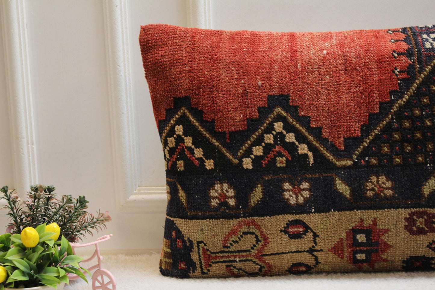 Vintage Turkish Rug Pillow: 16x32 Handmade Wool Lumbar Pillow Cover