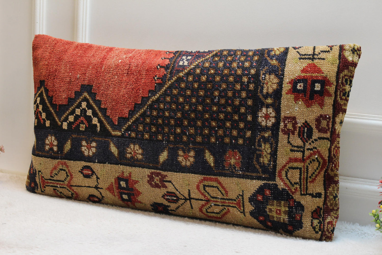 Vintage Turkish Rug Pillow: 16x32 Handmade Wool Lumbar Pillow Cover