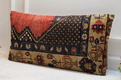 Vintage Turkish Rug Pillow: 16x32 Handmade Wool Lumbar Pillow Cover