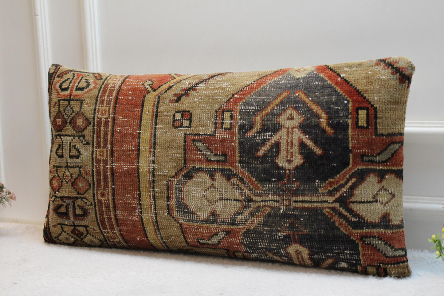 Vintage Turkish Rug Pillow Cover: Rainbow Woven Wool Lumbar Pillow (16x32 in)