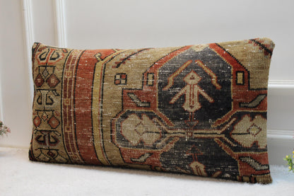 Vintage Turkish Rug Pillow Cover: Rainbow Woven Wool Lumbar Pillow (16x32 in)