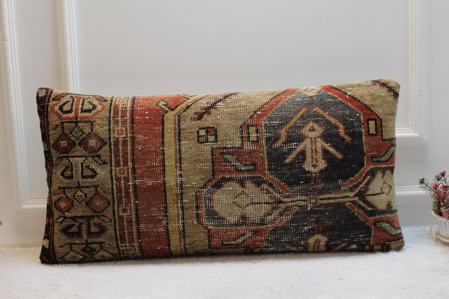 Vintage Turkish Rug Pillow Cover: Rainbow Woven Wool Lumbar Pillow (16x32 in)