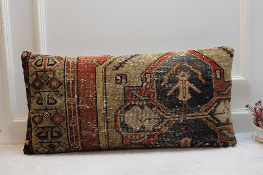 Vintage Turkish Rug Pillow Cover: Rainbow Woven Wool Lumbar Pillow (16x32 in)